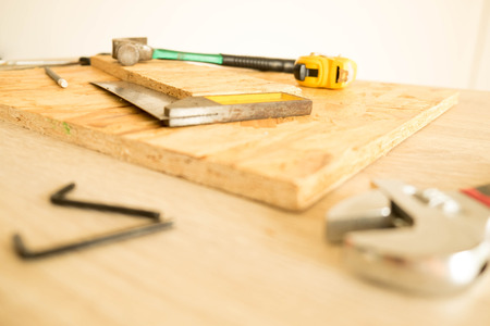 Carpenter's working tools on a tools tableの写真素材