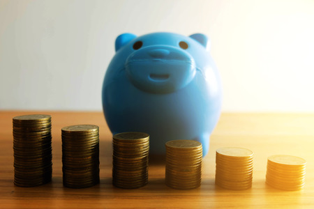 The blue piggy bank with business ,save money .finance concept .