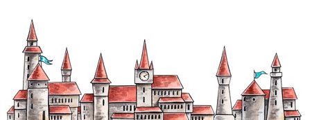 Watercolor illustration of medieval castles. Fabulous buildings, fantastic fortresses and royal palaces. isolated illustrations. Set of medieval palaces on a white backgroundの写真素材