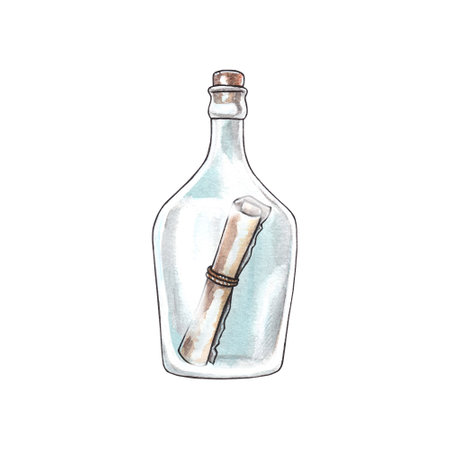 Letter in a bottle isolated on a white background. Glass bottle with a message. Watercolor hand drawn illustration for clipart. Can be used for postcards, invitations, printsの写真素材