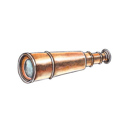 Spyglass isolated on white background. Watercolor hand drawn illustration vintage spyglass. For decoration of childrens parties, baby shower in a marine and pirate styleの写真素材