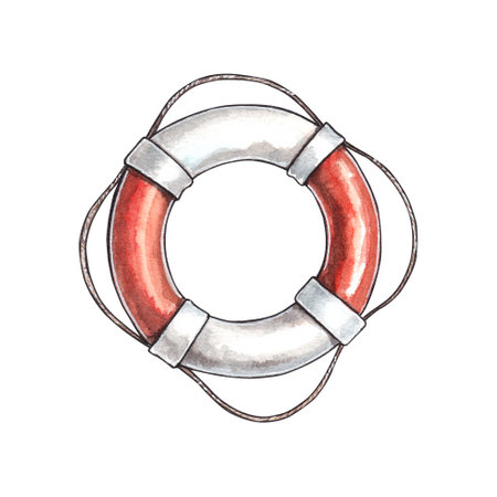 Lifebuoy isolated on a white background. Red and white life buoy. Watercolor hand drawn illustration for clipart. For decoration of childrens holidays, baby shower in marine and pirate styleの写真素材