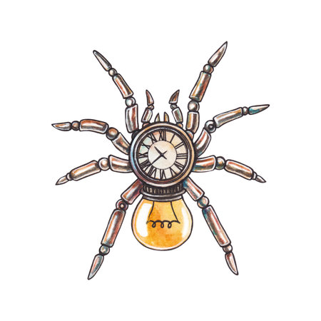 Steampunk robot spider isolated on white background. mechanical insect. Watercolor hand drawn...