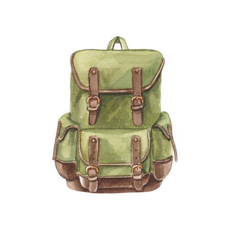 Travel packsack isolated on white background. Watercolor hand drawn illustration green hiking rucksack. Clipart for postcards, stickers. Forest campingの写真素材