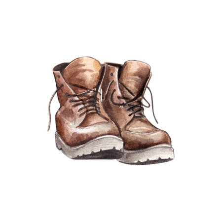 Tourist boots isolated on white background. Watercolor hand drawn illustration of old brown shoes. Clipart for postcards, stickers. For forest camping and hikingの写真素材