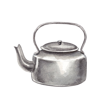 Aluminum camping teapot on a white background. Watercolor hand drawn illustration vintage big kettle for camping trip. Clipart for postcards, stickers on the theme of travelの写真素材