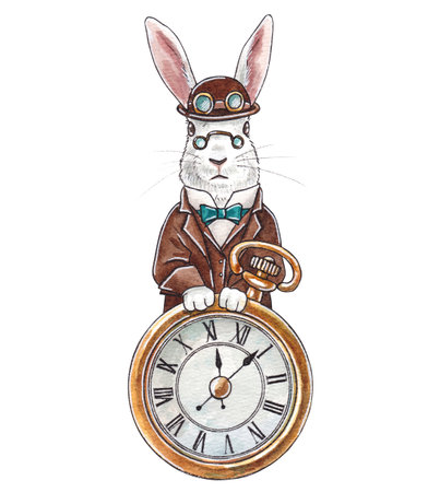 White rabbit with a steampunk clock. Watercolor hand drawn illustration of a cute hare in a brown suit, hat and with a watch. Clipart for postcards, stickers, invitationsの写真素材