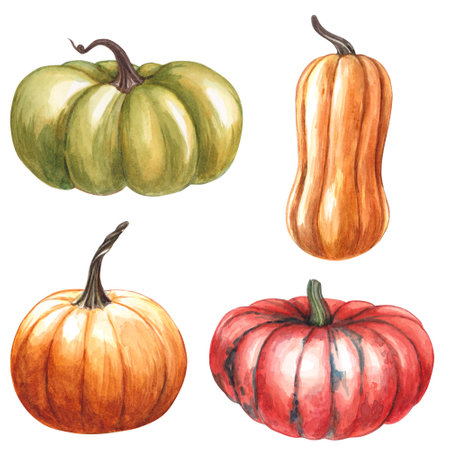 Set of pumpkins isolated on white background. Watercolor hand drawn illustration of bright pumpkin. Clipart for the design of postcards and invitations for the autumn theme and Halloweenの写真素材