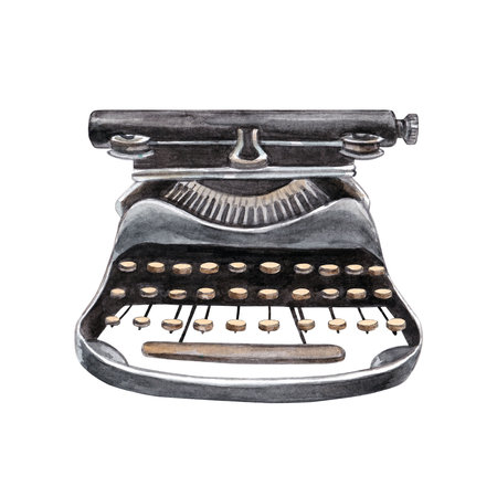 Vintage typewriter. Watercolor hand drawn illustration of an old black typewriter. Clipart for the design of the blog of the writer and author of booksの写真素材