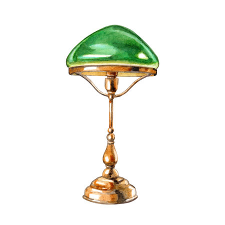 Vintage table lamp. Watercolor hand drawn illustration antique green lamp. Clipart for the design of the blog of the writer and author of booksの写真素材