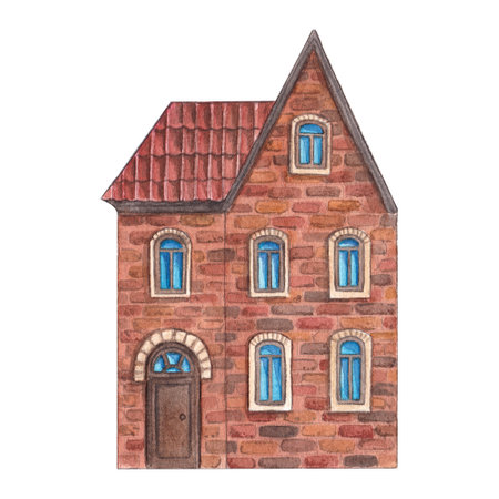 Brick European house. Watercolor hand drawn illustration of cute cottage. Clipart on a white background on the theme of city, street, architectureの写真素材