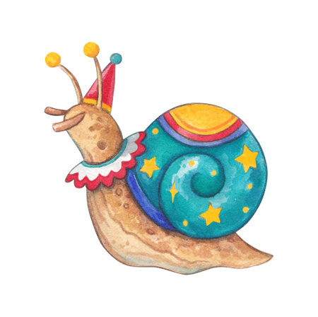 Circus snail. Watercolor hand drawn illustration bright character in cartoon style. Clipart on white background for childrens room and holiday decor.の写真素材