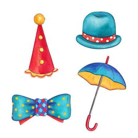 Circus set. Watercolor hand-drawn illustration of a clown cap, hat, umbrella and bow tie. Bright accessories for decorating a childrens party and birthdayの写真素材