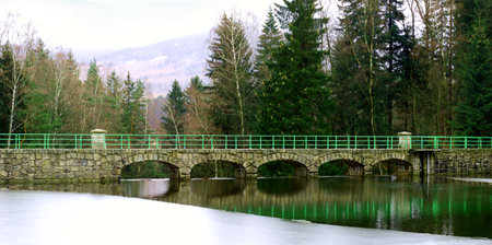 bridge over the river in the winter in the mountains, beautiful landscape