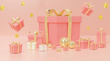 3d abstract minimal geometric forms. Glossy luxury podium for your design. Pastel color scene for show product. Pink Gift box that decorate on podium. Happy new year background.の写真素材
