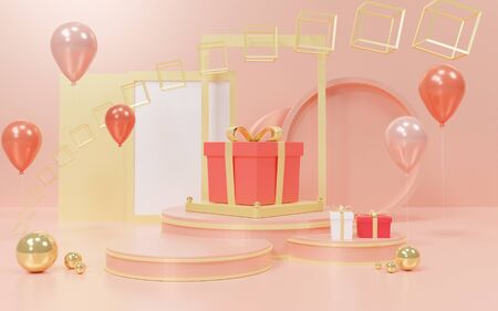 3d abstract minimal geometric forms. Glossy luxury podium for your design. Pastel color scene for show product. Pink Gift box that decorate on podium. Happy new year background.の写真素材