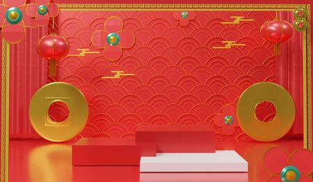 3d abstract minimal geometric forms. Glossy luxury podium for your design. Pastel color scene for show product. Fashion show shopfront. Chinese traditional texture. Chinese lunar new year theme.の写真素材
