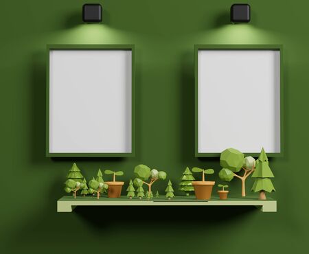 3d abstract minimal geometric forms. Minimal White frame for mock up decorate with trees and light...
