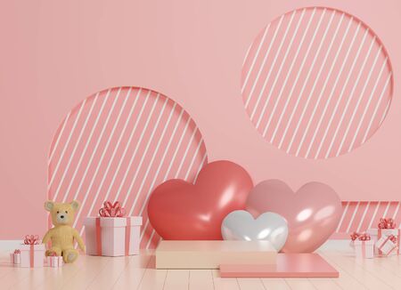 3d abstract minimal geometric forms. Glossy luxury podium for your design. Pink gift box, Teddy bear and Pink balloon on pastel background. Happy Valentine's Day. Love celebration concept.の写真素材