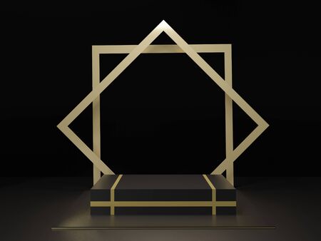 3d abstract minimal geometric forms. Glossy luxury podium for your design. Fashion show stage, shopfront. Empty scene for cosmetic. Minimalist Black theme background.の写真素材