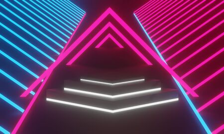 3d abstract minimal geometric stage for products show . Neon light background. Blue ,pink and ultraviolet color that glowing in the darkness. Laser lines show. Ultra bright fashion trend concept.の写真素材