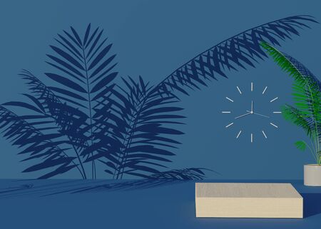 3d abstract minimal geometric forms. Glossy luxury podium for your design. Classic blue color of the year 2020. Fashion show stage with the shadow of leaves. Empty scene for product show and mock up.の写真素材