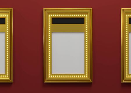 3d rendering of luxury golden movie poster frame that hanging on red wall background with free space for mock up. Creative idea concept.の写真素材