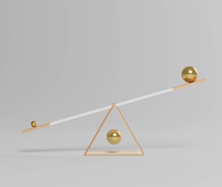 3d abstract simple geometric forms that show the luxury triangle balance scale between two balls by small one heavier than biggest one. Art decorative elements. Minimalist idea concept.の写真素材