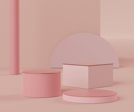 3d abstract minimalist geometric forms. Pink coral luxury podium display for your design. Fashion show stage,pedestal, shopfront with colorful theme. Empty scene for  product presentation.の写真素材