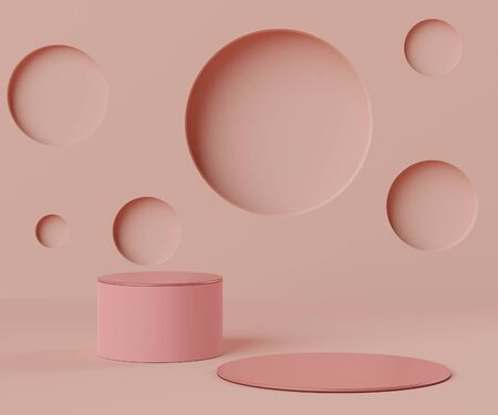 3d abstract minimalist geometric forms. Pink coral luxury podium display for your design. Fashion show stage,pedestal, shopfront with colorful theme. Empty scene for  product presentation.の写真素材