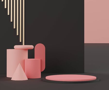 3d abstract minimalist geometric forms. Luxury podium display in  Black Pink coral color theme. Fashion show stage,pedestal, shopfront for display. Empty scene for  product presentation.の写真素材