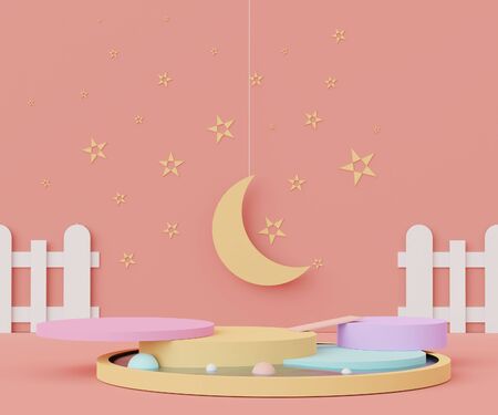 3d minimal geometric forms. Pink coral luxury podium for your design. Fashion show stage,pedestal, shopfront with colorful theme. Abstract scene for  product display.の写真素材