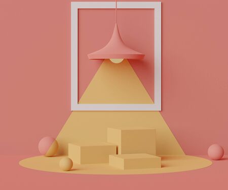 3d minimal geometric forms. Pink coral luxury podium for your design. Fashion show stage,pedestal, shopfront with colorful theme. Abstract scene for  product display.の写真素材
