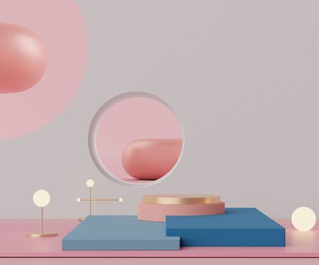 3d geometric forms. Podium in coral pink blue color. Fashion show stage,pedestal, shopfront with colorful theme. Minimal scene for  product display. Abstract background for cosmetic advertising.の写真素材