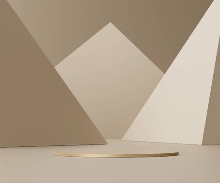 3d geometric forms. Podium in cream color. Fashion show stage,pedestal, shopfront with colorful theme. Minimal scene for  product display. Abstract background for cosmetic advertising.の写真素材