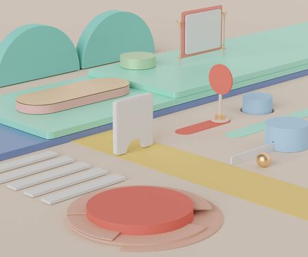 3d abstract geometric forms. Minimal Podium scene for display products. Fashion show stage,pedestal, shopfront with colorful theme. Abstract empty background for cosmetic advertising.の写真素材