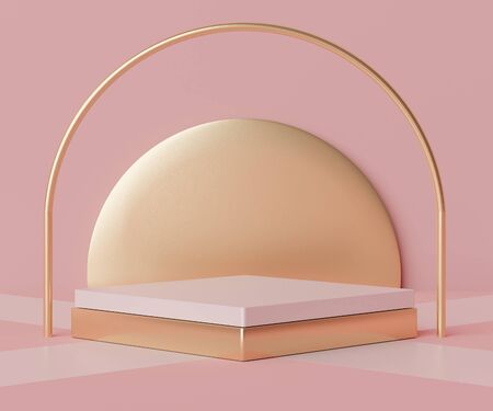 3d geometric forms. Cylinder podium in coral pink color. Fashion show stage,pedestal, shopfront with colorful theme. Minimal scene for  product display. Abstract background for cosmetic advertising.の写真素材