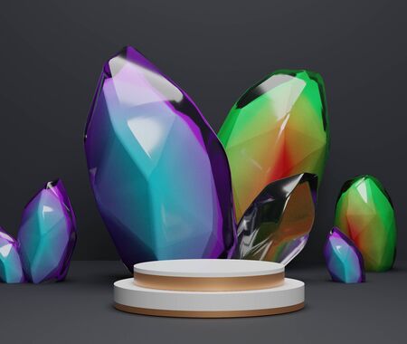 3d abstract geometric forms. Luxury podium with Crystal for your design. Fashion show stage,pedestal, shopfront with odyssey theme. Empty scene for  mock up.の写真素材