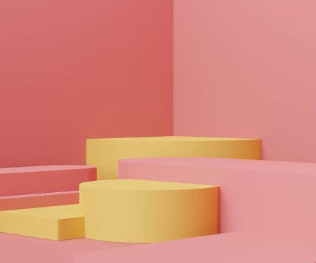 3d geometric forms. Podium in coral pink blue color. Fashion show stage,pedestal, shopfront with colorful theme. Minimal scene for  product display. Abstract background for cosmetic advertising.の写真素材