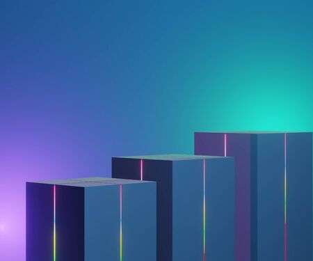 3d geometric forms. Classic blue box podium with neon light in dark theme. Minimal scene for  product display. Abstract background for cosmetic advertising.の写真素材