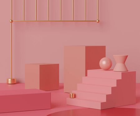 3d geometric forms. Podium in coral pink color and arch. Fashion show stage,pedestal, shopfront with colorful theme. Minimal scene for  product display. Abstract background for cosmetic advertising.の写真素材