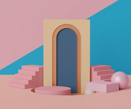 3d geometric forms. Podium in coral pink color and arch. Fashion show stage,pedestal, shopfront with colorful theme. Minimal scene for  product display. Abstract background for cosmetic advertising.の写真素材