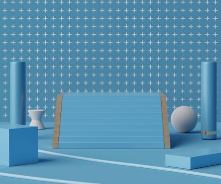 3d geometric forms. Classic blue podium stairs with arch. Fashion show stage,pedestal, shopfront...