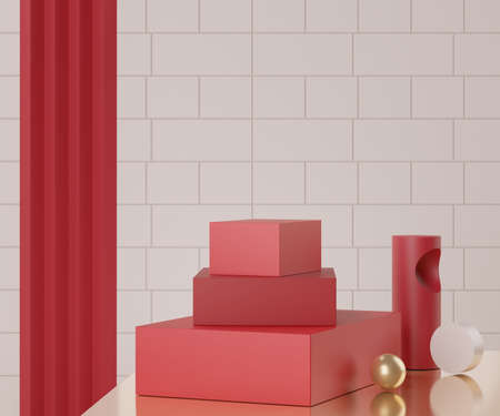 3d geometric forms. Empty podium for mock up. Vacant fashion show stage,pedestal, shopfront with colorful color. Minimal scene for  product display. Abstract background for cosmetic advertising.の写真素材