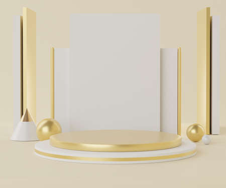 3d geometric forms. Empty podium for mock up. Vacant fashion show stage,pedestal, shopfront with colorful color. Minimal scene for  product display. Abstract background for cosmetic advertising.の写真素材