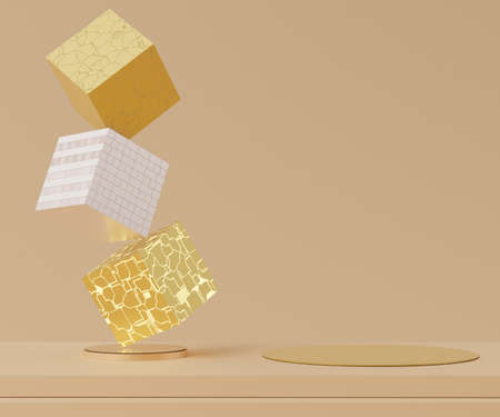 3d geometric forms. Empty podium for mock up. Vacant fashion show stage,pedestal, shopfront with colorful color. Minimal scene for  product display. Abstract background for cosmetic advertising.の写真素材