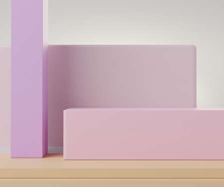 3d geometric forms. Empty podium for mock up. Vacant fashion show stage,pedestal, shopfront with...