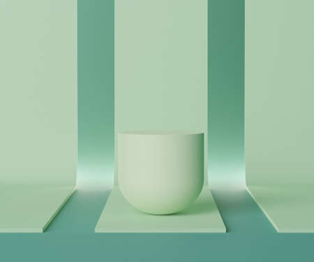 3d geometric forms. Podium in green nature color and arch. Fashion show stage,pedestal, shopfront with colorful theme. Minimal scene for  product display. Abstract background for cosmetic advertising.の写真素材