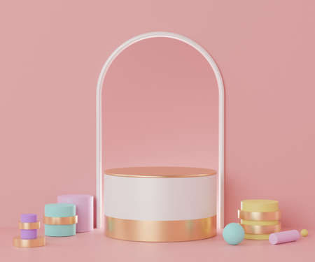 3d geometric forms. Podium in coral pink color and arch. Fashion show stage,pedestal, shopfront with colorful theme. Minimal scene for  product display. Abstract background for cosmetic advertising.の写真素材
