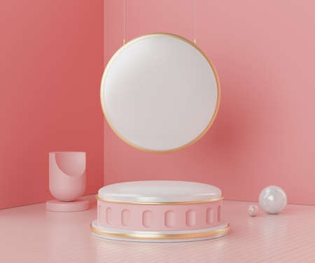 3d geometric forms. Podium in coral pink color and arch. Fashion show stage,pedestal, shopfront with colorful theme. Minimal scene for  product display. Abstract background for cosmetic advertising.の写真素材